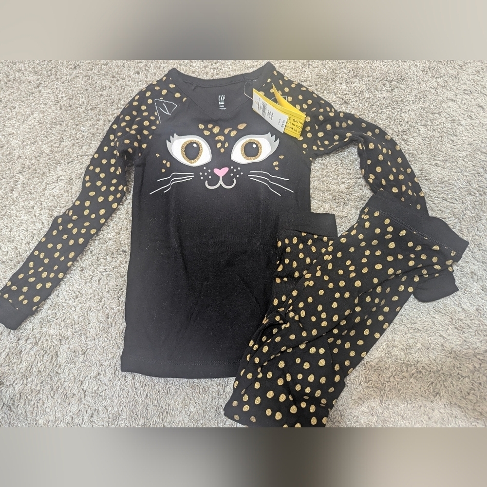 GAP Black Pajama Set with Gold Polka Dot Cat Design